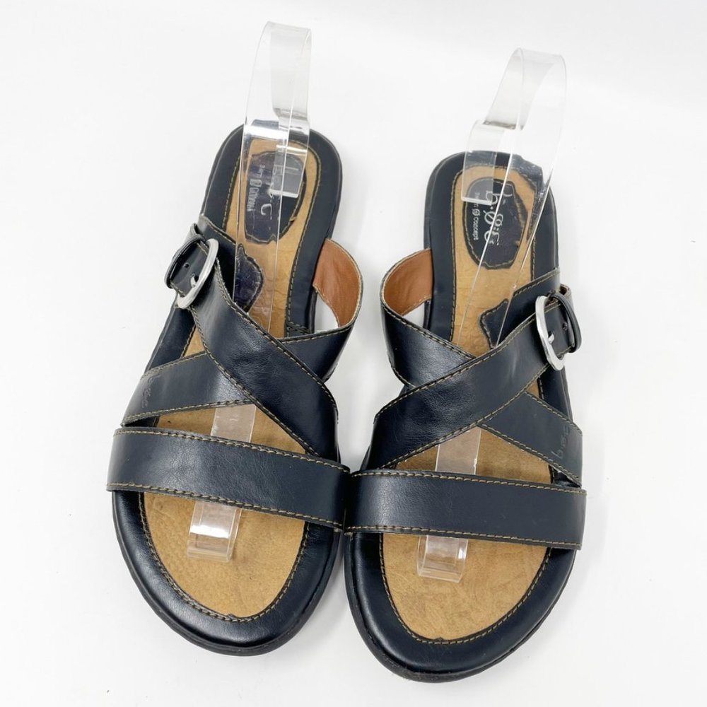 BOC Born Womens Black Leather Strappy Buckle Slip on Sandal Size 9